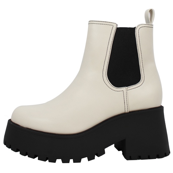 Shoes - White Chelsea Pull On Chunky Platform Block Heel Ankle Bootie
